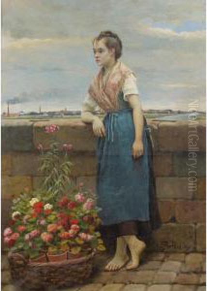 La Jeune Marchande De Fleurs 
[cesar Pattein, The Young Flower Vendor, Oil On Canvas, Signed And Dated
 1890. ] Oil Painting by Cesar Pattein