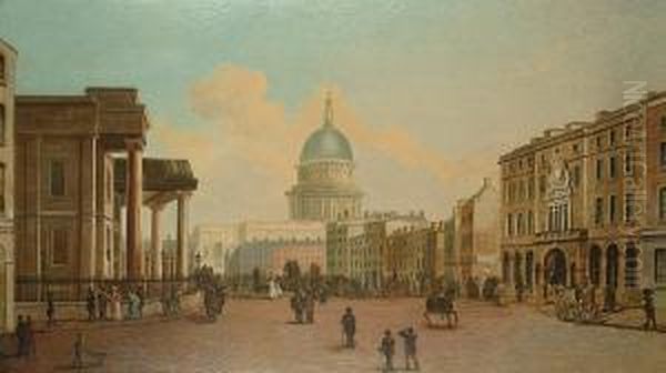 A Busy Street With A View To St Paul's Oil Painting by John Paul