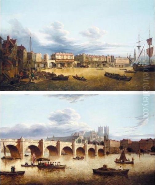 A View Of Westminster Bridge 
With The Lord Mayor's Barge In The Foreground And Westminster Abbey 
Beyond; And A View Of London Bridge Oil Painting by John Paul