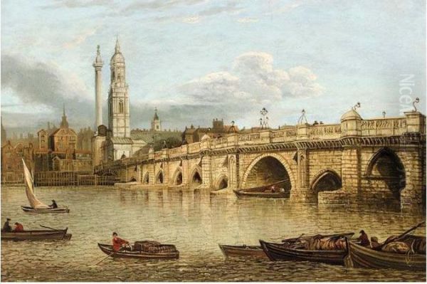 A View Of Old London Bridge Looking Towards Monumentand The Church Of St Magnus Oil Painting by John Paul