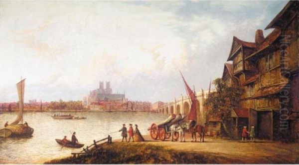 Westminster Bridge From The South Looking Towards Westminster Abbey Oil Painting by John Paul