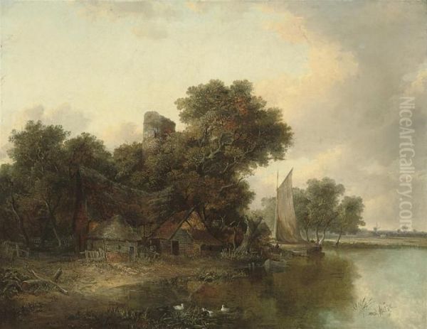 A Cottage And Ruined Tower Beside A River, A Windmill Beyond Oil Painting by Joseph Paul