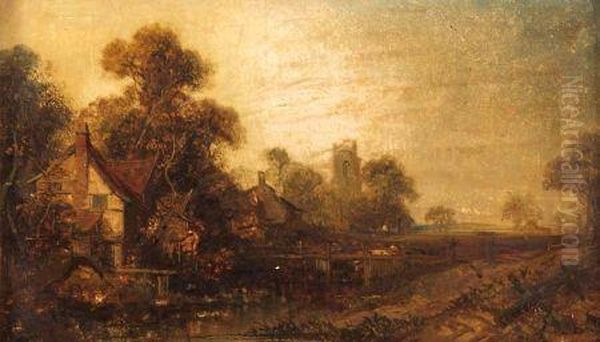 East Anglian River Landscape With Figures By A Bridge Oil Painting by Joseph Paul