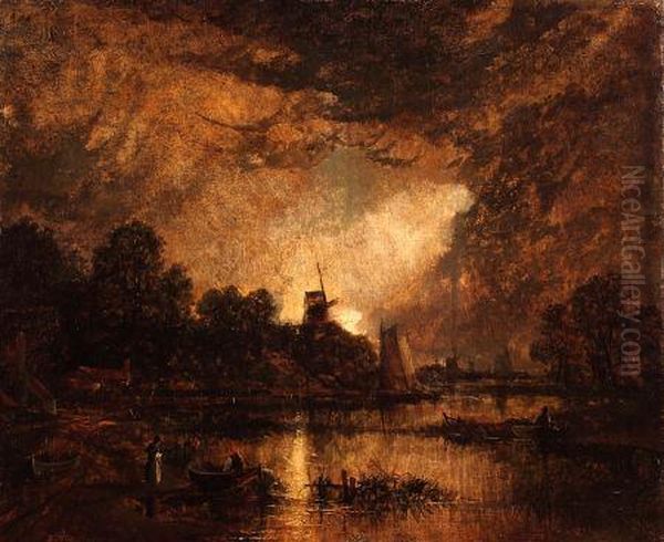 Moonlit Eastanglian River Scene With Figures Oil Painting by Joseph Paul