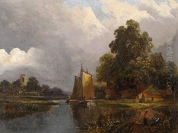 River Scene With Sailing Boat And Figures On The Bank Oil Painting by Joseph Paul