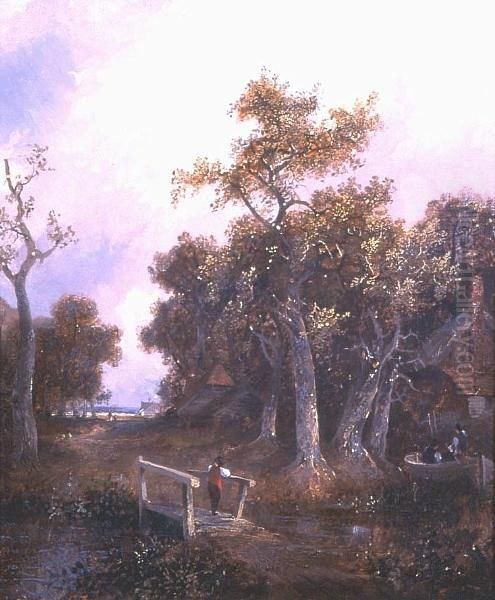 Figure On A Bridge In A Wooded Landscape Oil Painting by Joseph Paul