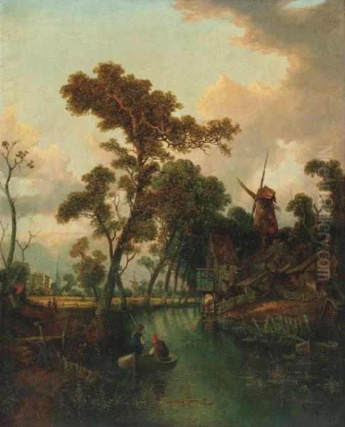 Figures In A Boat Before A Windmill Oil Painting by Joseph Paul