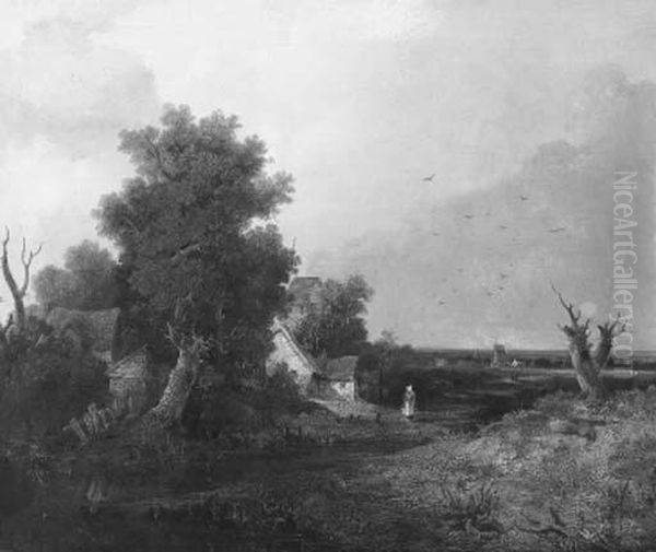 An Extensive Summer Landscape With A Peasant Woman Near Acottage Oil Painting by Joseph Paul