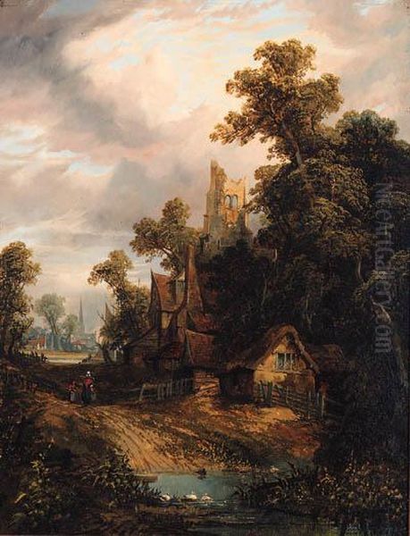 Figures Before A Church With Ducks On A River, A Town Beyond Oil Painting by Joseph Paul