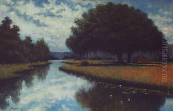 Cypress and oak Bayou with farmhouse Oil Painting by Alexander John Drysdale