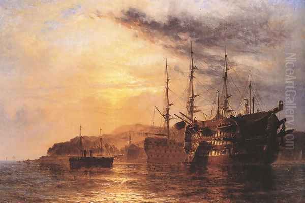 A Three Deck laying by a Hulk with a Steamship heading to shore off the Devonshire coast Oil Painting by Henry Thomas Dawson