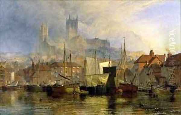 Lincoln Cathedral from the Brayford Pool Oil Painting by Henry Thomas Dawson