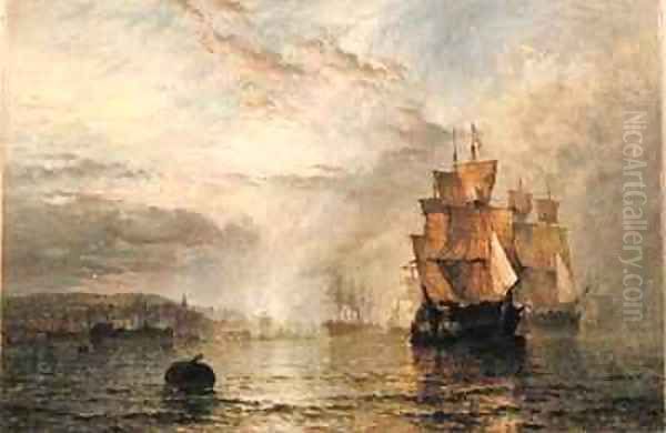 Shipping Becalmed in an Estuary at Evening Oil Painting by Henry Thomas Dawson