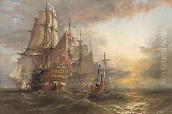 A Squadron of Danish warships moored off the entrance to Portsmouth harbour, with the masts of shipping in the harbour in the distance Oil Painting by Henry Thomas Dawson