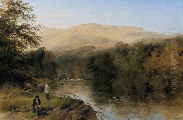 Fishing in a Mountainous Landscape Oil Painting by Henry Thomas Dawson