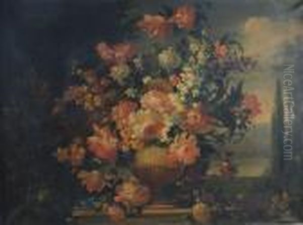 Floral Still Life In Alandscape Oil Painting by Vladimir Pavlosky