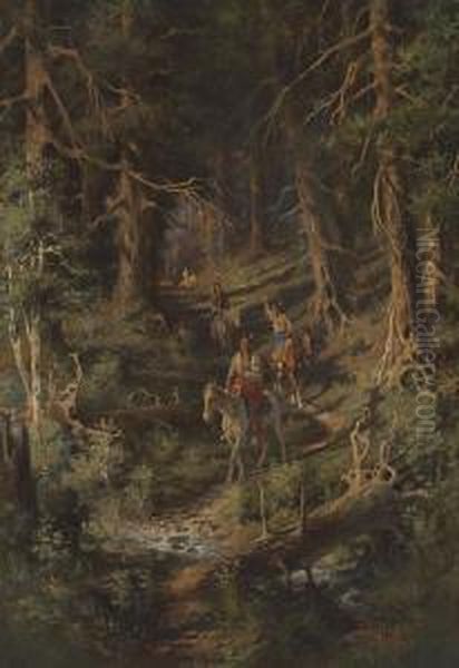 Indians In A Forest Oil Painting by Edgar Samuel Paxson