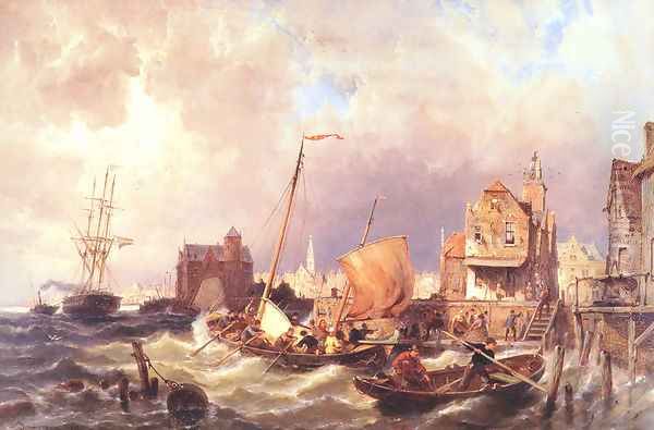 Shipping before a Dutch Harbour Town Oil Painting by Pieter Christian Dommerson