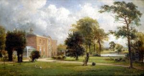 The Manor House, Barrow On Trent, A Summer River Landscape With Formal Gardens, Signed Oil Painting by David Payne