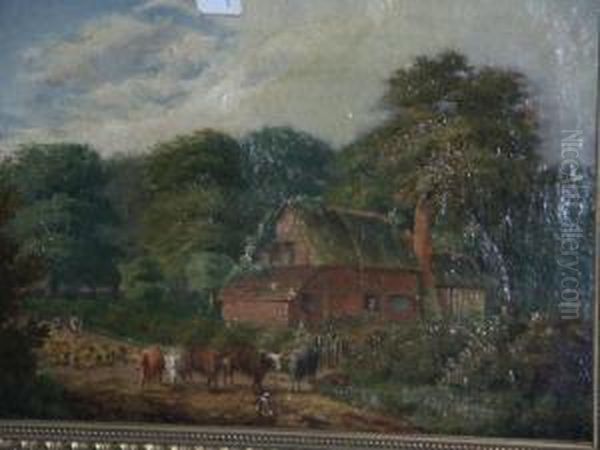 Rural Scene With Cottage, Cows, Sheep And Shepherd Oil Painting by David Payne