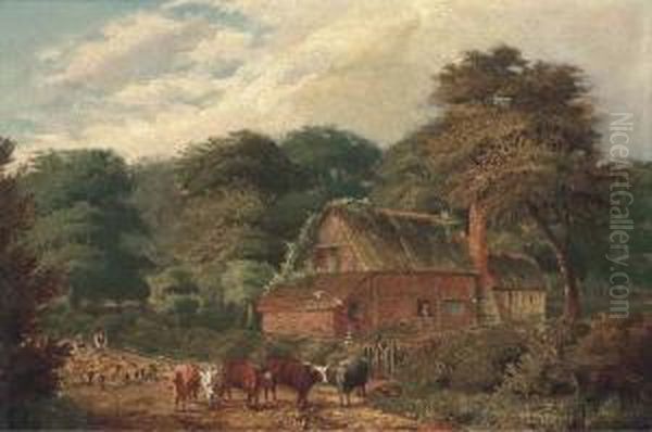 Cattle And Sheep Before A Cottage Oil Painting by David Payne