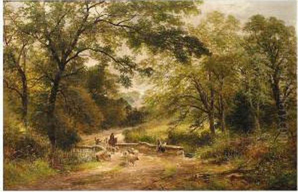 Landscape With Sheep Crossing A Bridge - Scene Near Melbourne, Derbyshire Oil Painting by David Payne