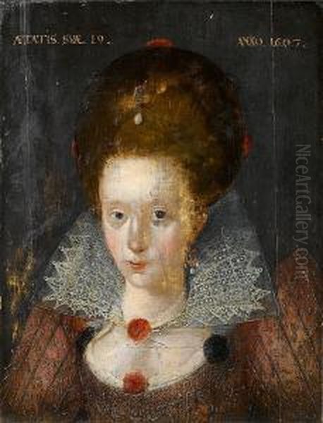 Portrait Of A Young Lady, Aged 
19, Bust-length, In A Crimson Embroidered Dress With A White Lace Collar
 And Pearl Earrings Oil Painting by Robert Peake