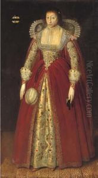 Portrait Of A Lady, Said To Be 
Lady Style, Full-length, In A Red Dress With Elaborately Embroidered 
Under-skirt And Lace Collar And Cuffs, Holding A Prayer Book In Her Left
 Hand, In An Interior Oil Painting by Robert Peake