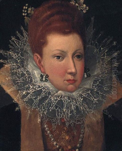 Portrait Of A Lady, Head And Shoulders, Wearing A Lace Ruff Withflowers In Her Hair Oil Painting by Robert Peake