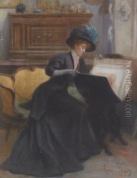 Young Lady Examining An Artist's Folio Oil Painting by Rene Louis Pean