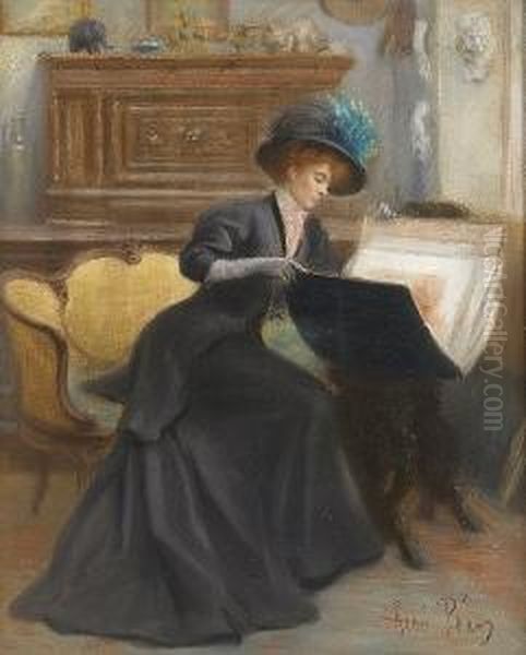 A Young Lady Examining An Artist's Folio Oil Painting by Rene Louis Pean