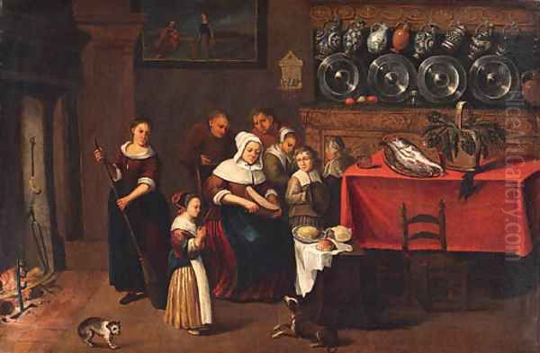 A Kitchen Interior with a Family gathered near a Table Oil Painting by Coenraet Decker