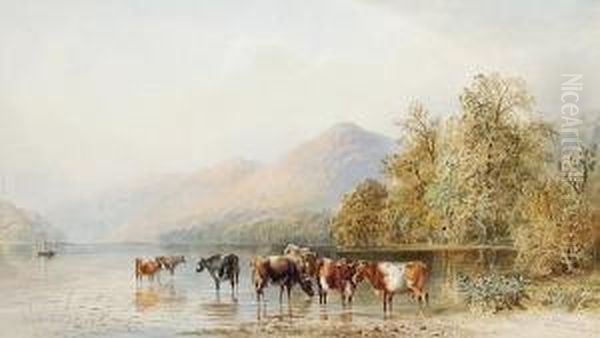 Cattle Watering At Lake Windermere Oil Painting by Cornelius Pearson