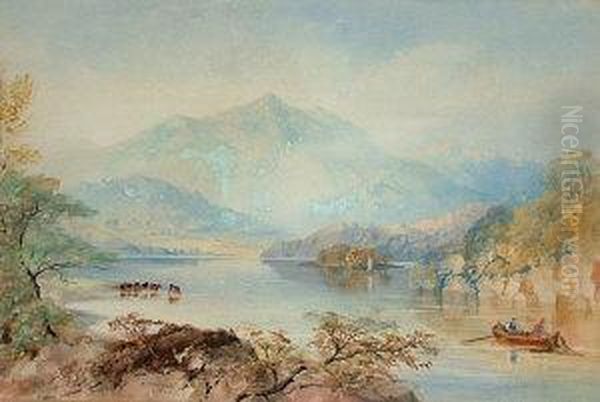 Fishermen And Cattle Watering In A Highland Loch Oil Painting by Cornelius Pearson