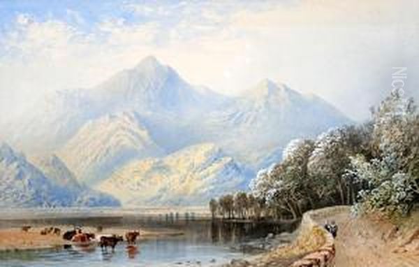 Mountainous Lake Landscape With Cattlewatering Oil Painting by Cornelius Pearson