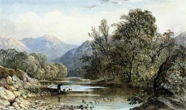 An Angler In A Wooded Valley Oil Painting by Cornelius Pearson