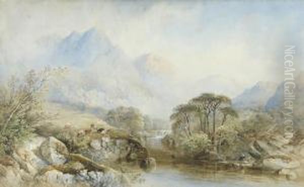 Mountainous River Landscape, An Angler In The Foreground Oil Painting by Cornelius Pearson