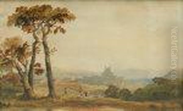 Wooded Landscape With Figures And Town Beyond (possibly Waterford) Oil Painting by Cornelius Pearson