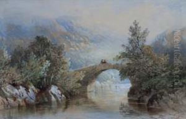 Welsh Landscape With Figures On A Bridge Oil Painting by Cornelius Pearson