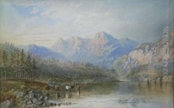 Mountainous Landscape With Cattle Watering In The Foreground Oil Painting by Cornelius Pearson