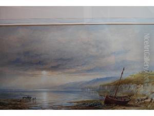 Beached Fishing Boats And Figures On The
North Cumberland Coast Oil Painting by Cornelius Pearson