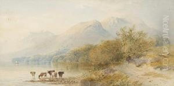 Cattle Beside A Lake With Mountainsbeyond Oil Painting by Cornelius Pearson