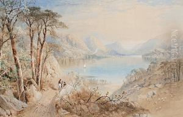 Figures On A Track Above A Lake; A Pony Andtrap On A Track Above A Lake Oil Painting by Cornelius Pearson