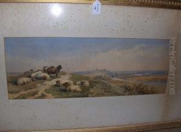 River Landscape With Sheep And Distantcastle Oil Painting by Cornelius Pearson