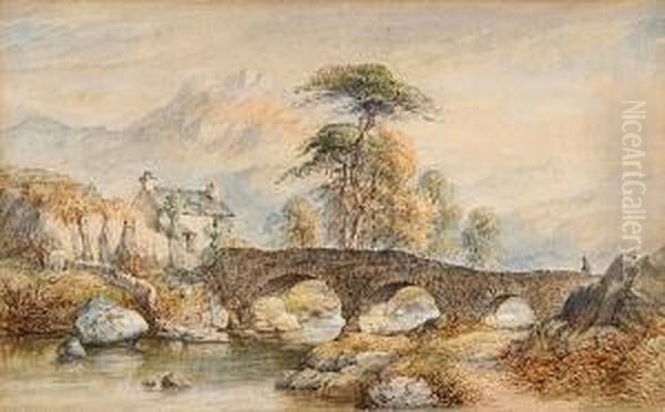 River Landscape With Stone Bridge Oil Painting by Cornelius Pearson