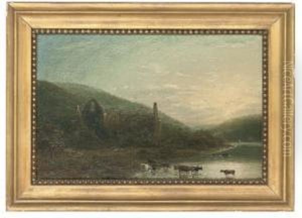 Cattle Watering Before Tintern Abbey Oil Painting by Cornelius Pearson