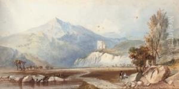 Figures Resting In A Highland Landscape Oil Painting by Cornelius Pearson