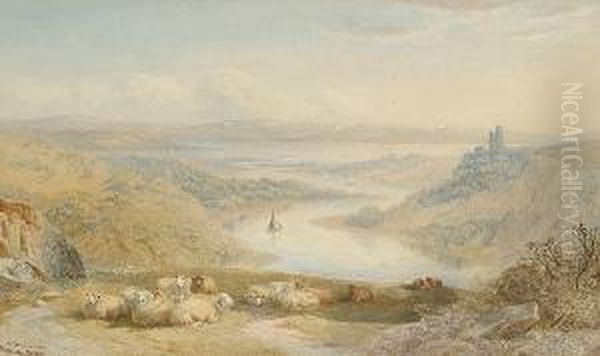 Sheep By A Gorge, A View To An Estuary Beyond Oil Painting by Cornelius Pearson