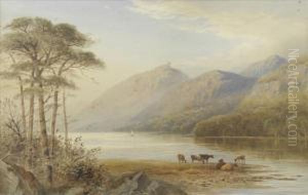 A Scene On Lochmaree, Cattle Watering In The Shallows, Sailing Boats Beyond Oil Painting by Cornelius Pearson