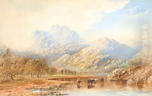 Cattle Watering In A Lakeland Landscape Oil Painting by Cornelius Pearson